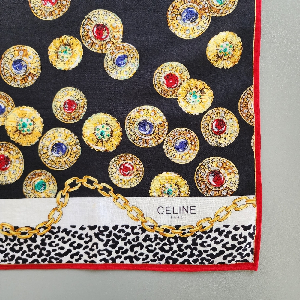 Celine Black & White Silk Bandanna with Gold, Red, Blue & Green Medallions EUC - Picture 10 of 15